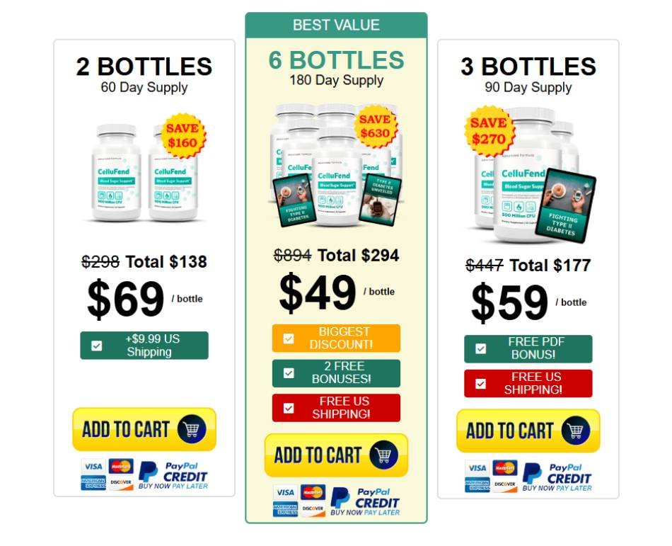 CelluFend pricing comparison showing 2 bottle, 3 bottle, and 6 bottle packages with discounts