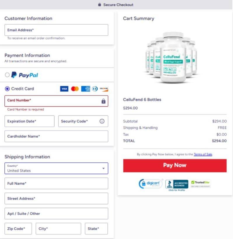 CelluFend secure online order checkout with safe encrypted payment processing